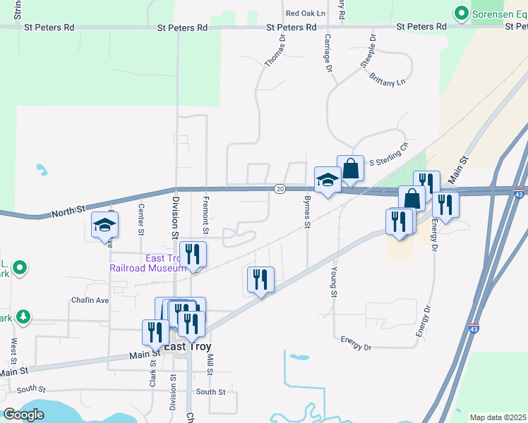 map of restaurants, bars, coffee shops, grocery stores, and more near 2780 Brooks Court in East Troy