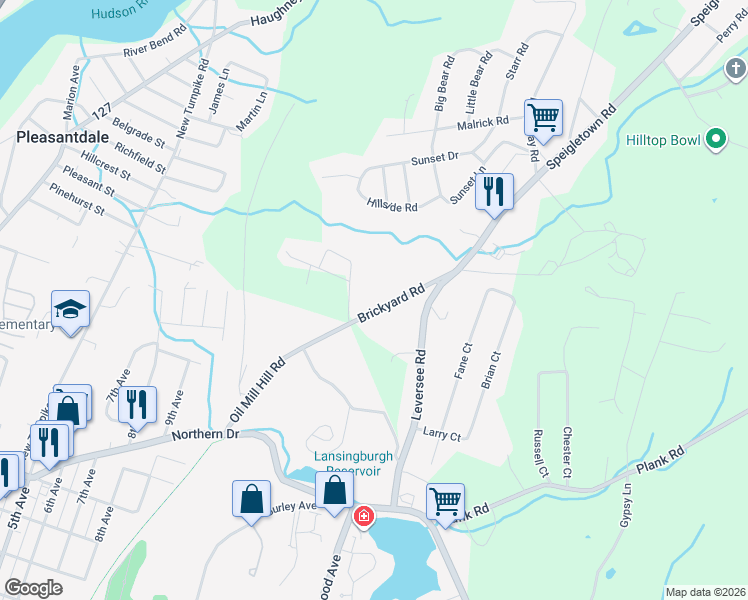 map of restaurants, bars, coffee shops, grocery stores, and more near 33 Brickyard Road in Troy