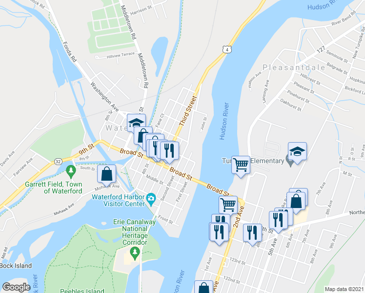 map of restaurants, bars, coffee shops, grocery stores, and more near 76 2nd Street in Waterford