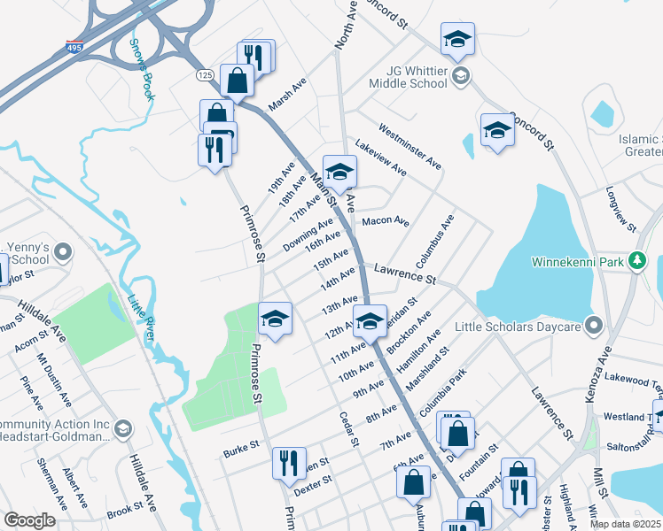 map of restaurants, bars, coffee shops, grocery stores, and more near 1 15th Avenue in Haverhill