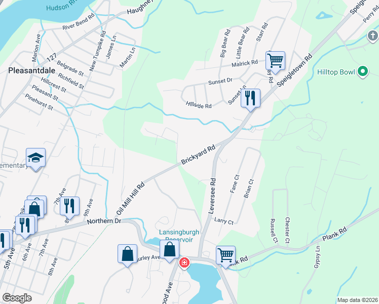 map of restaurants, bars, coffee shops, grocery stores, and more near 33 Brickyard Road in Troy