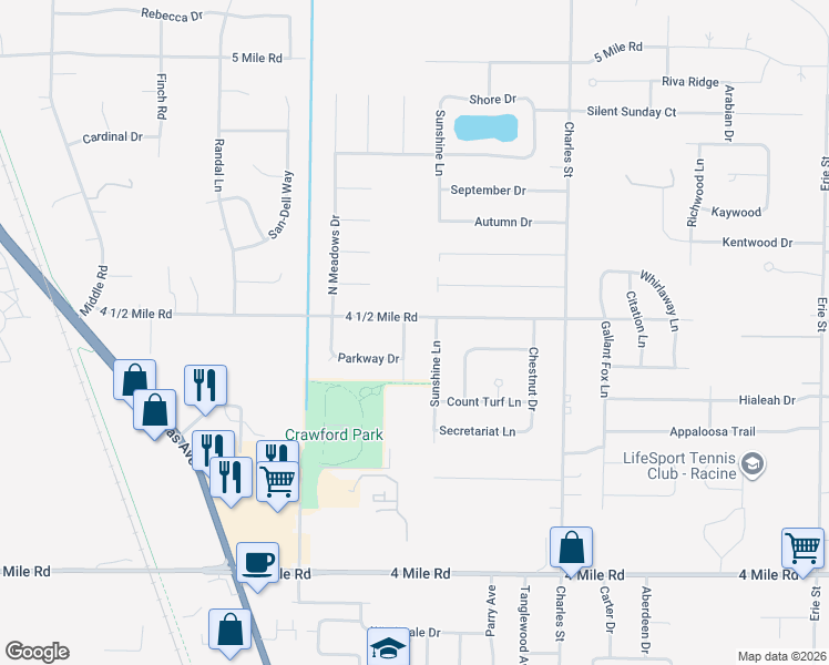 map of restaurants, bars, coffee shops, grocery stores, and more near 5451 Heidi Drive in Racine