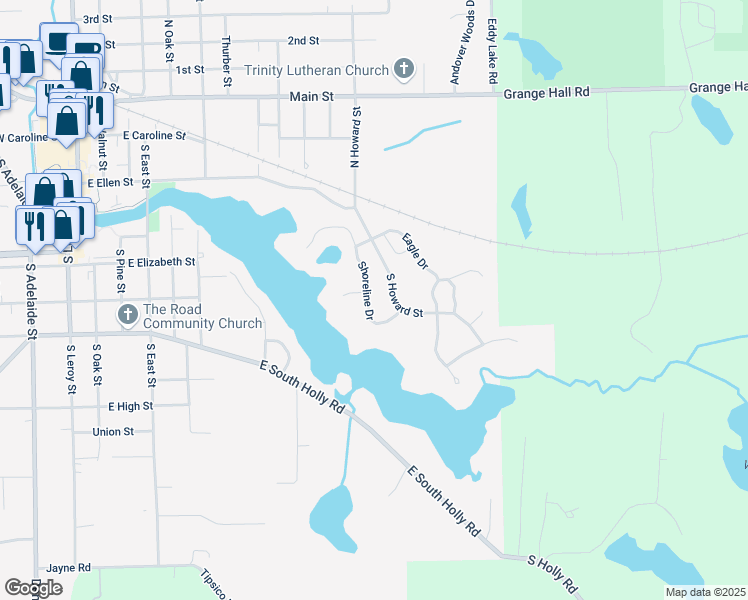 map of restaurants, bars, coffee shops, grocery stores, and more near 673 Shoreline Drive in Fenton