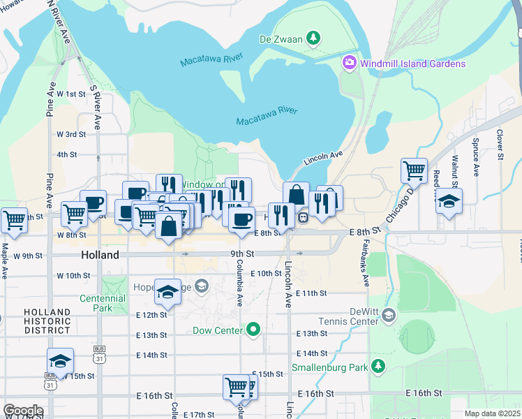 map of restaurants, bars, coffee shops, grocery stores, and more near 157 Columbia Avenue in Holland