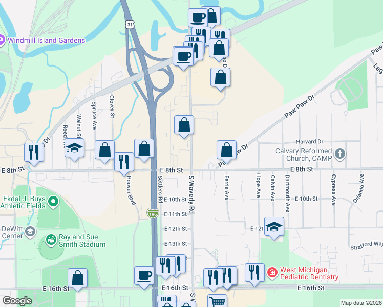 map of restaurants, bars, coffee shops, grocery stores, and more near 173 South Waverly Road in Holland