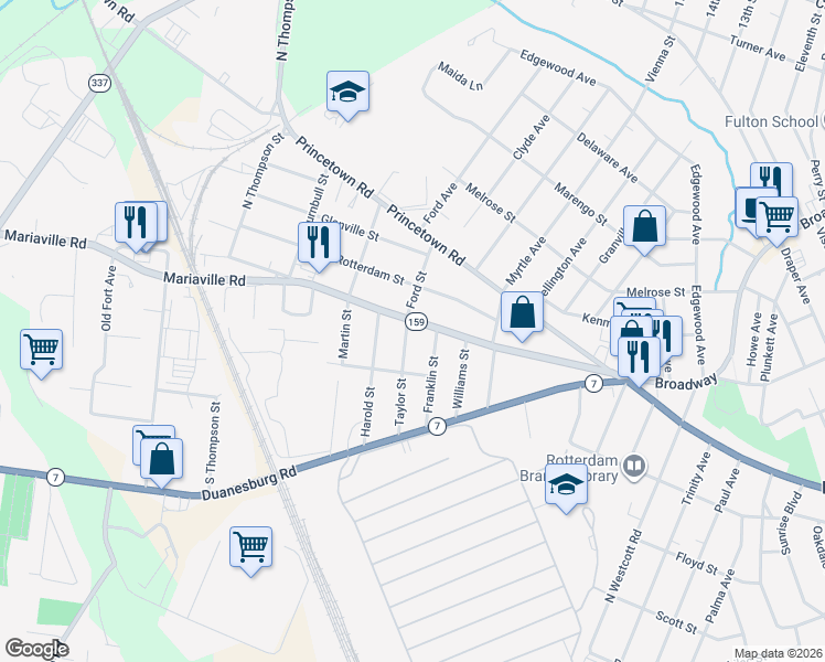 map of restaurants, bars, coffee shops, grocery stores, and more near 194 Mariaville Road in Rotterdam
