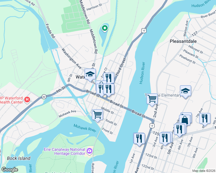map of restaurants, bars, coffee shops, grocery stores, and more near 67 4th Street in Waterford