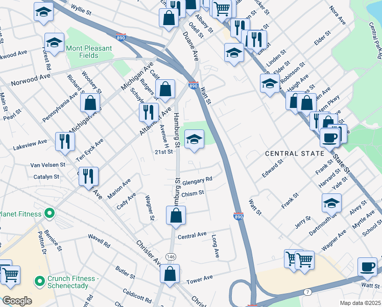 map of restaurants, bars, coffee shops, grocery stores, and more near 1 Genium Plaza in Schenectady