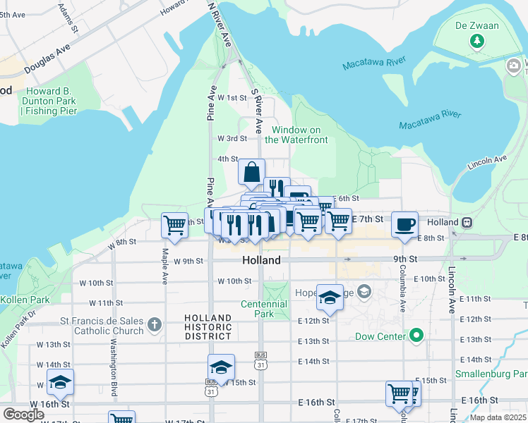 map of restaurants, bars, coffee shops, grocery stores, and more near 146 South River Avenue in Holland