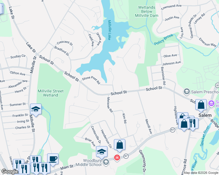 map of restaurants, bars, coffee shops, grocery stores, and more near 15 Stone Post Road in Salem