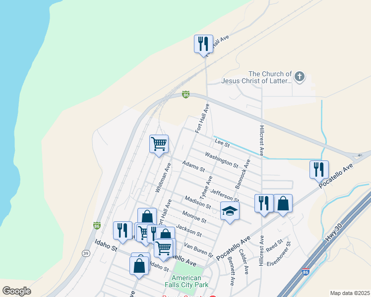 map of restaurants, bars, coffee shops, grocery stores, and more near 150 Fort Hall Avenue in American Falls