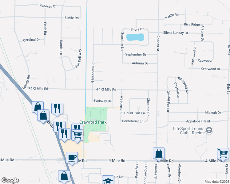 map of restaurants, bars, coffee shops, grocery stores, and more near 5451 Heidi Drive in Racine