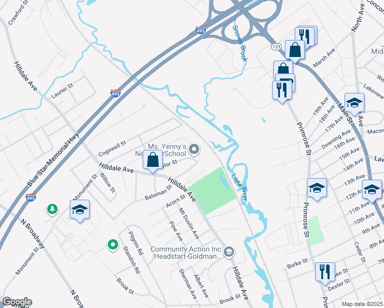 map of restaurants, bars, coffee shops, grocery stores, and more near 109 Atlanta Street in Haverhill