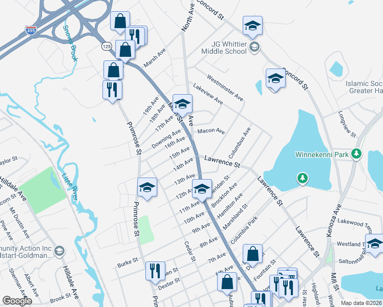 map of restaurants, bars, coffee shops, grocery stores, and more near 1 15th Avenue in Haverhill
