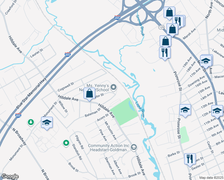 map of restaurants, bars, coffee shops, grocery stores, and more near 109 Atlanta Street in Haverhill