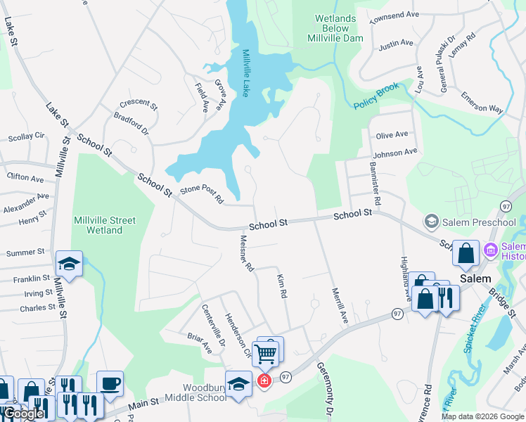 map of restaurants, bars, coffee shops, grocery stores, and more near 8 Jana Road in Salem