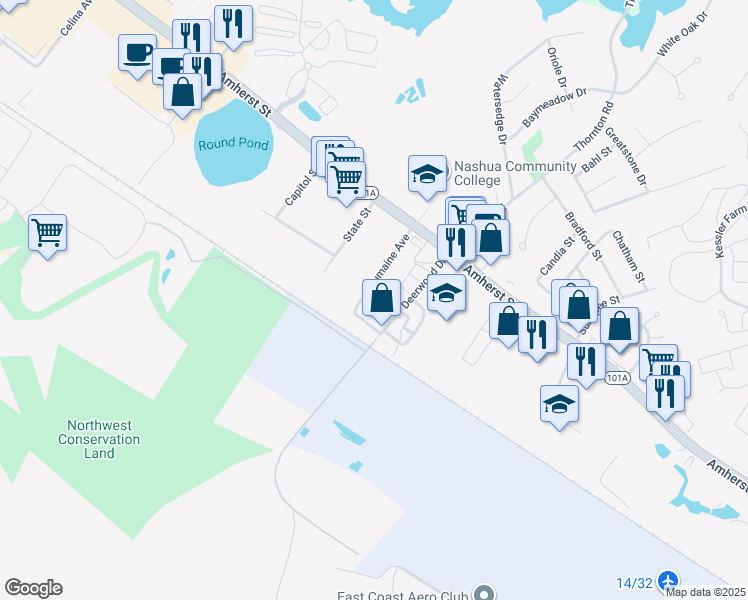 map of restaurants, bars, coffee shops, grocery stores, and more near 14 Dumaine Avenue in Nashua