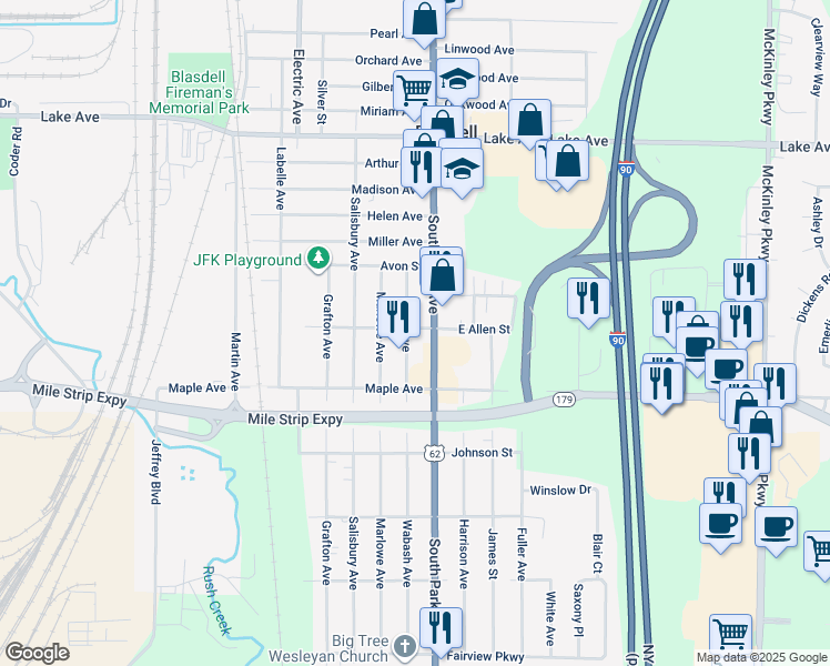 map of restaurants, bars, coffee shops, grocery stores, and more near 41 Kent Street in Blasdell