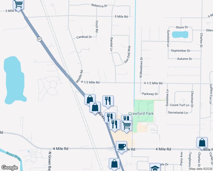 map of restaurants, bars, coffee shops, grocery stores, and more near 2586 4 1/2 Mile Road in Racine