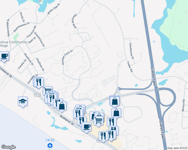 map of restaurants, bars, coffee shops, grocery stores, and more near 30 Hawkstead Hollow in Nashua