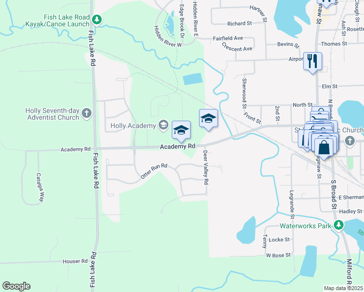 map of restaurants, bars, coffee shops, grocery stores, and more near 820 Academy Road in Holly