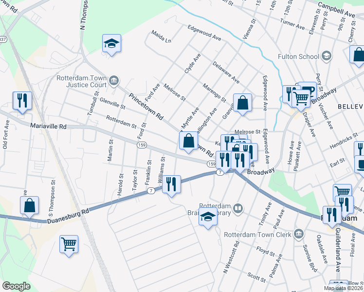 map of restaurants, bars, coffee shops, grocery stores, and more near 309 Princetown Road in Rotterdam
