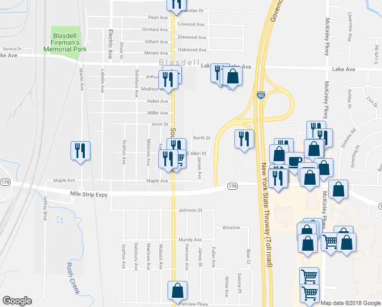 map of restaurants, bars, coffee shops, grocery stores, and more near 3992 Raymond Drive in Buffalo