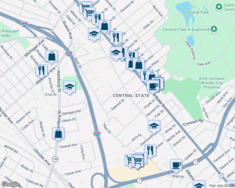 map of restaurants, bars, coffee shops, grocery stores, and more near 109 Henry Street in Schenectady