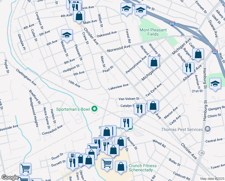 map of restaurants, bars, coffee shops, grocery stores, and more near 1068 Lakeview Avenue in Schenectady