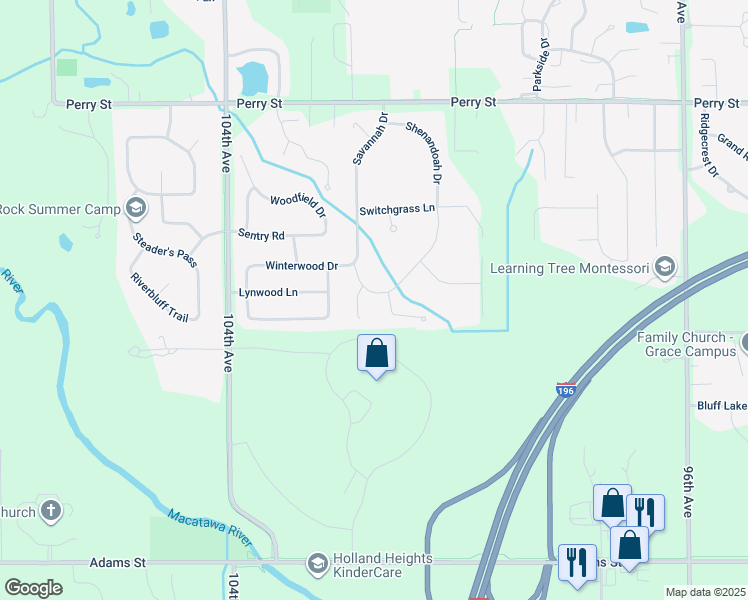 map of restaurants, bars, coffee shops, grocery stores, and more near 10102 Prairie Grass Drive in Zeeland