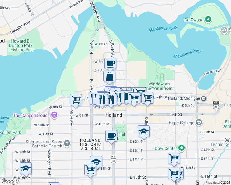 map of restaurants, bars, coffee shops, grocery stores, and more near 146 South River Avenue in Holland