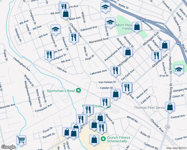 map of restaurants, bars, coffee shops, grocery stores, and more near 1068 Lakeview Avenue in Schenectady