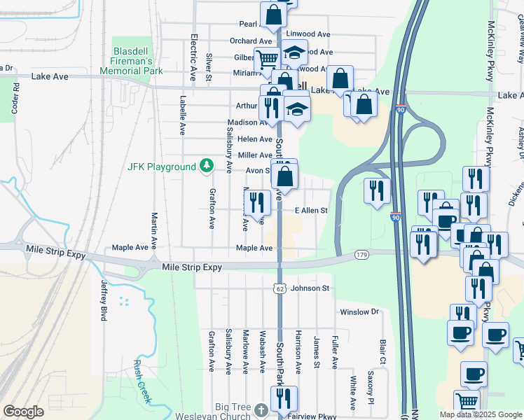 map of restaurants, bars, coffee shops, grocery stores, and more near 46 Allen Street in Blasdell