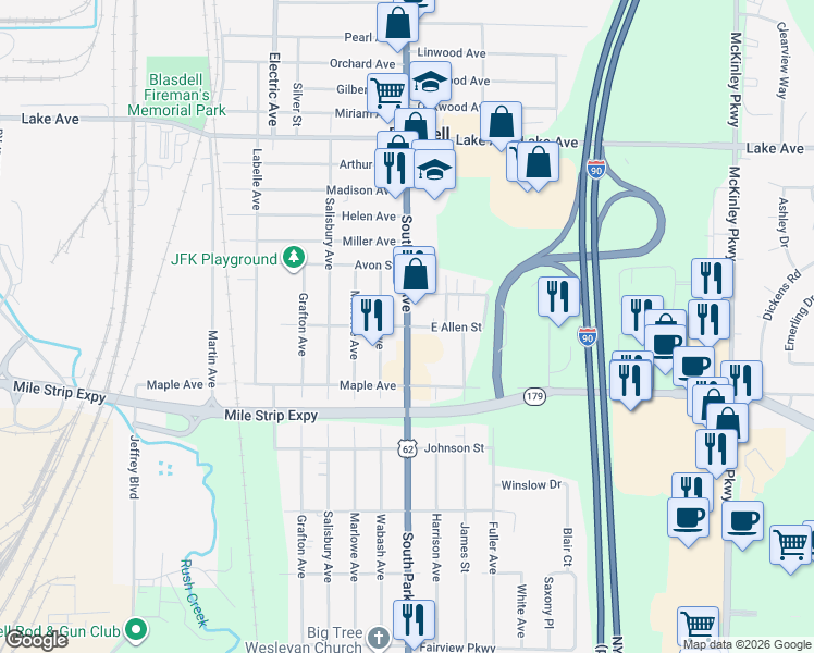 map of restaurants, bars, coffee shops, grocery stores, and more near South Park Ave & Allen St in Blasdell