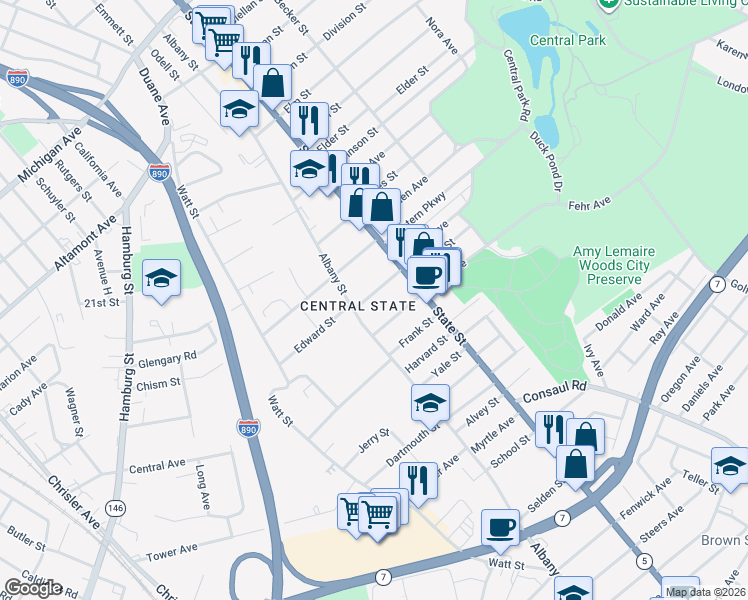 map of restaurants, bars, coffee shops, grocery stores, and more near 113 Edward Street in Schenectady
