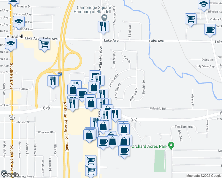 map of restaurants, bars, coffee shops, grocery stores, and more near 3447 Dickens Road in Buffalo