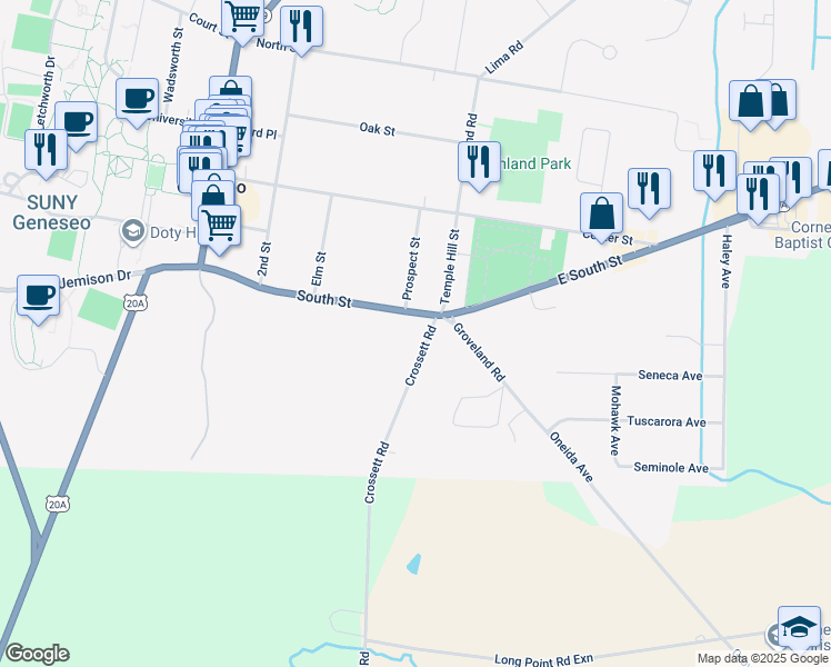 map of restaurants, bars, coffee shops, grocery stores, and more near 4 Crossett Road in Geneseo