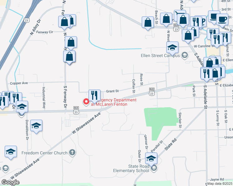 map of restaurants, bars, coffee shops, grocery stores, and more near 925 Grant Street in Fenton