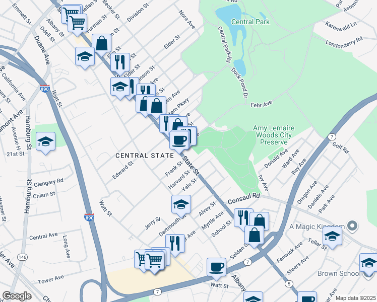 map of restaurants, bars, coffee shops, grocery stores, and more near 1491 State Street in Schenectady