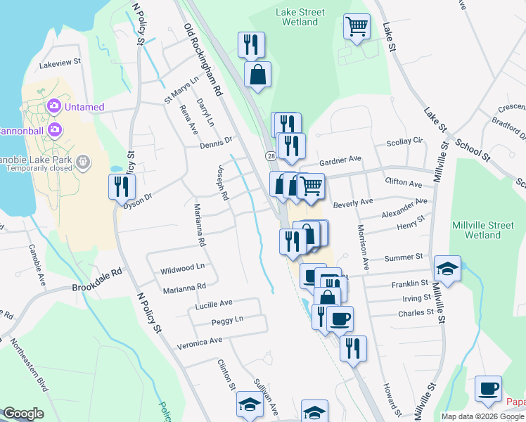 map of restaurants, bars, coffee shops, grocery stores, and more near 9 Old Rockingham Road in Salem