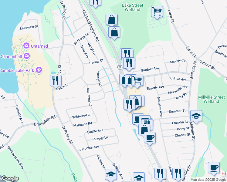 map of restaurants, bars, coffee shops, grocery stores, and more near 8 Therese Road in Salem