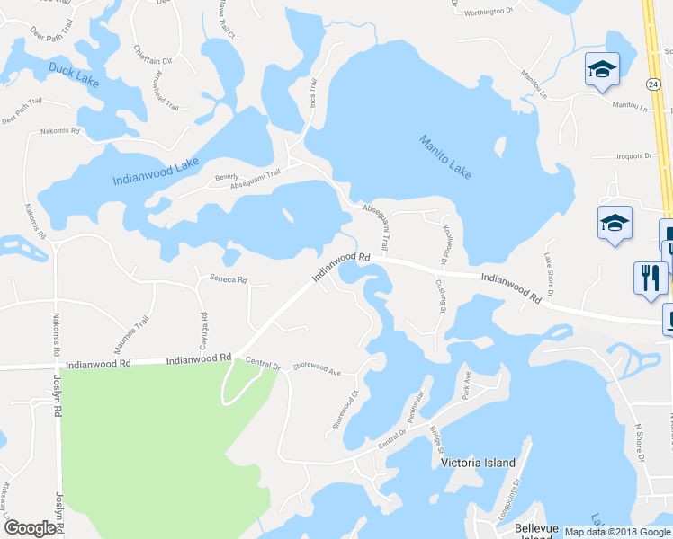 map of restaurants, bars, coffee shops, grocery stores, and more near 845 Indianwood Road in Orion charter Township