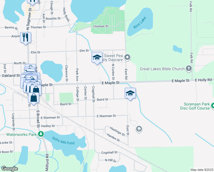 map of restaurants, bars, coffee shops, grocery stores, and more near 816 East Maple Street in Holly