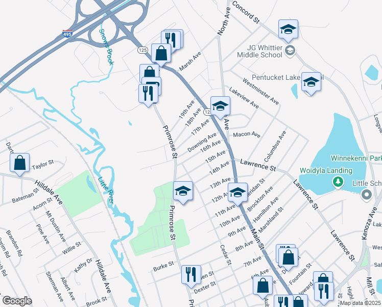 map of restaurants, bars, coffee shops, grocery stores, and more near 53 Downing Avenue in Haverhill