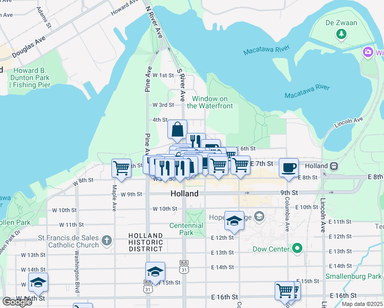 map of restaurants, bars, coffee shops, grocery stores, and more near 26 West 6th Street in Holland