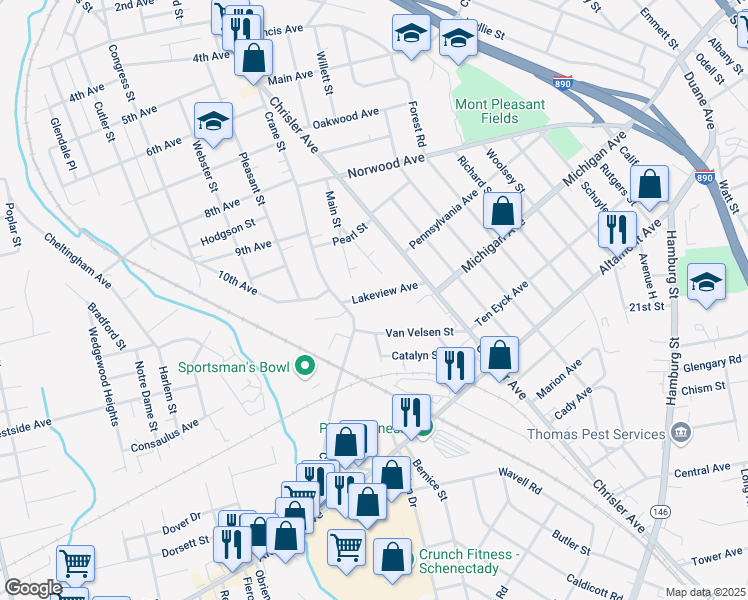 map of restaurants, bars, coffee shops, grocery stores, and more near 1068 Lakeview Avenue in Schenectady