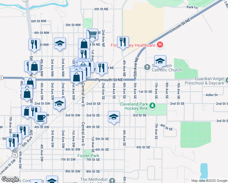 map of restaurants, bars, coffee shops, grocery stores, and more near 98 3rd Ave SE in Le Mars