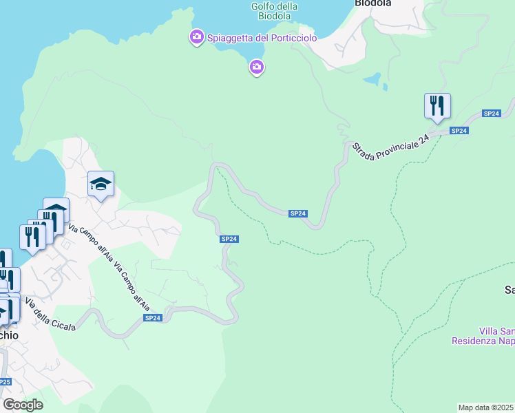 map of restaurants, bars, coffee shops, grocery stores, and more near 17 SP24 in Provincia di Livorno