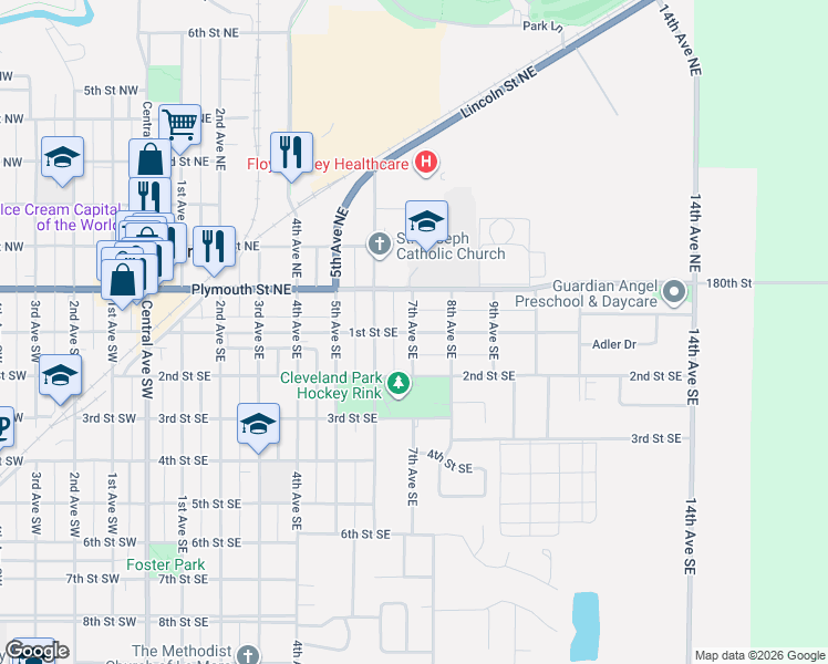 map of restaurants, bars, coffee shops, grocery stores, and more near 98 7th Ave SE in Le Mars