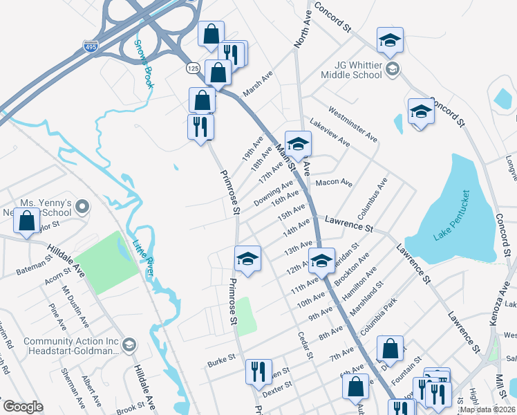 map of restaurants, bars, coffee shops, grocery stores, and more near 53 Downing Avenue in Haverhill
